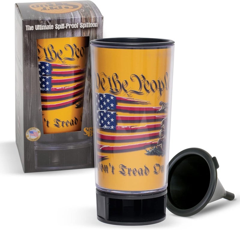 Spit Bud Don't Tread On Me #2 The Ultimate Spittoon for Chew - Portable Dip & Snuff Cup with Lid, Pop Tab, Spill-Proof Funnel, Can Cutter & Holder - Fit in Cup Holders - Holds 8oz - Made in USA - Image 1